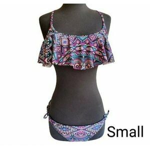Women's Swimwear S/M Bikini Set Flutter Top Criss Cross Bathing Suit NEW